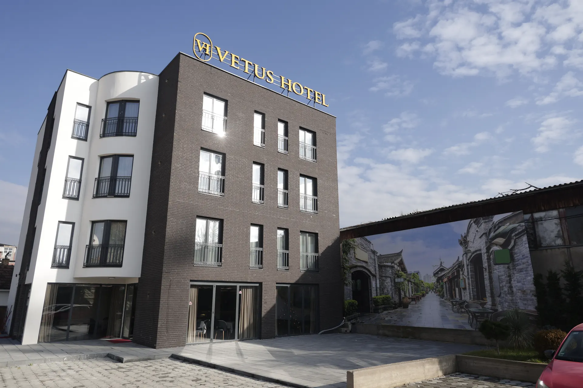 The five-storey Vetus Hotel building seen from the street